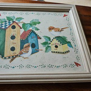 bird and birdhouses framed signed print. approx 8x10